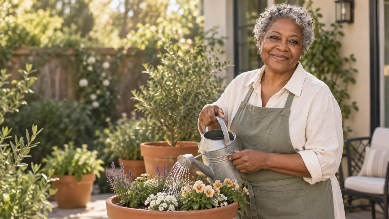 Rosalie tending a terracotta container on a small patio