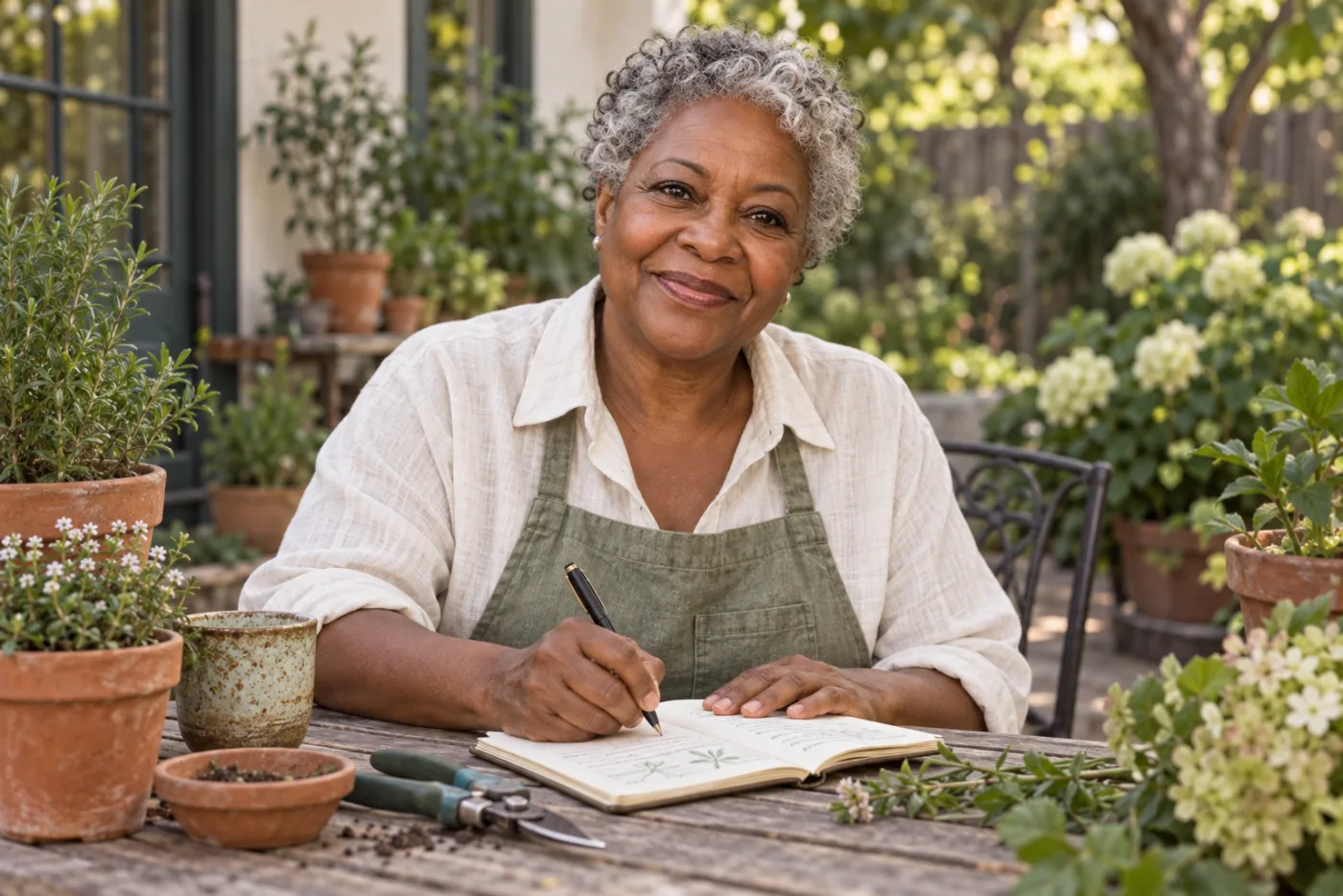 Rosalie with a notebook at a garden table