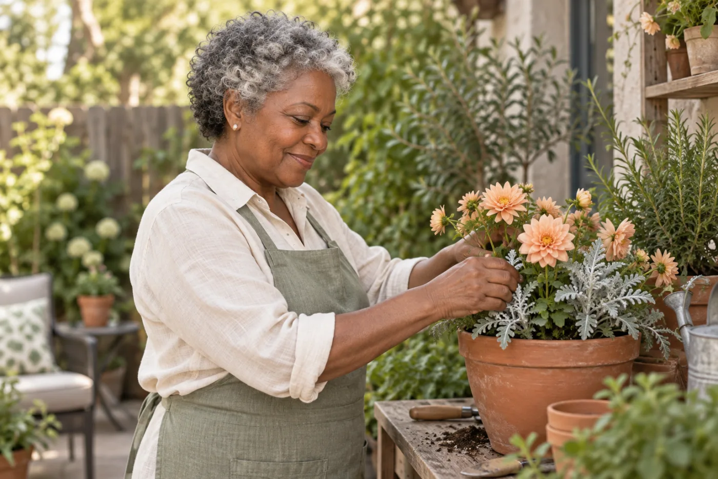 Rosalie arranging flowers in a terracotta container