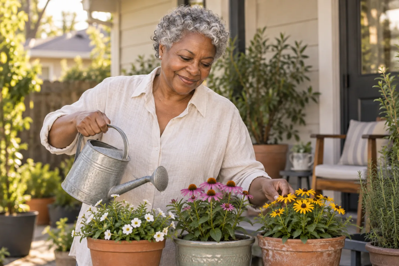 Rosalie checking three flower containers on a patio