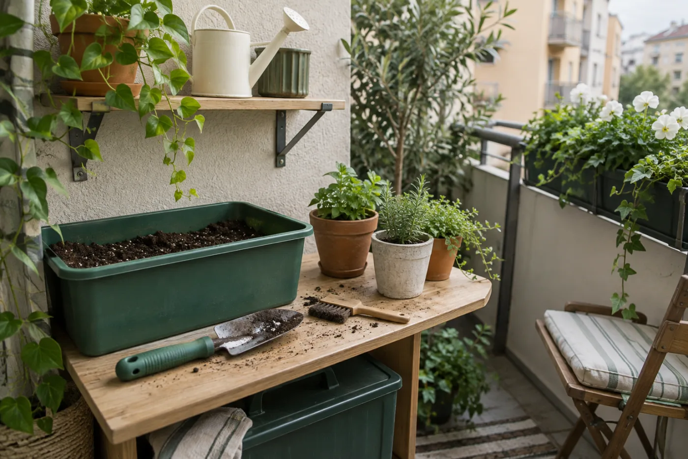 Keep the few tools you use together without turning a balcony into a storage room.