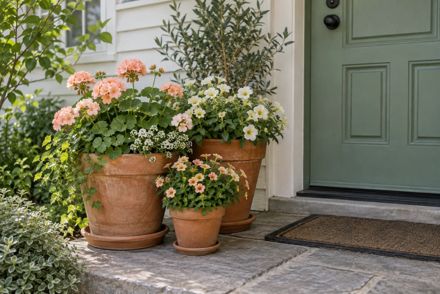 Give a narrow doorstep a clear shape with three containers, one repeated color, and room to walk.