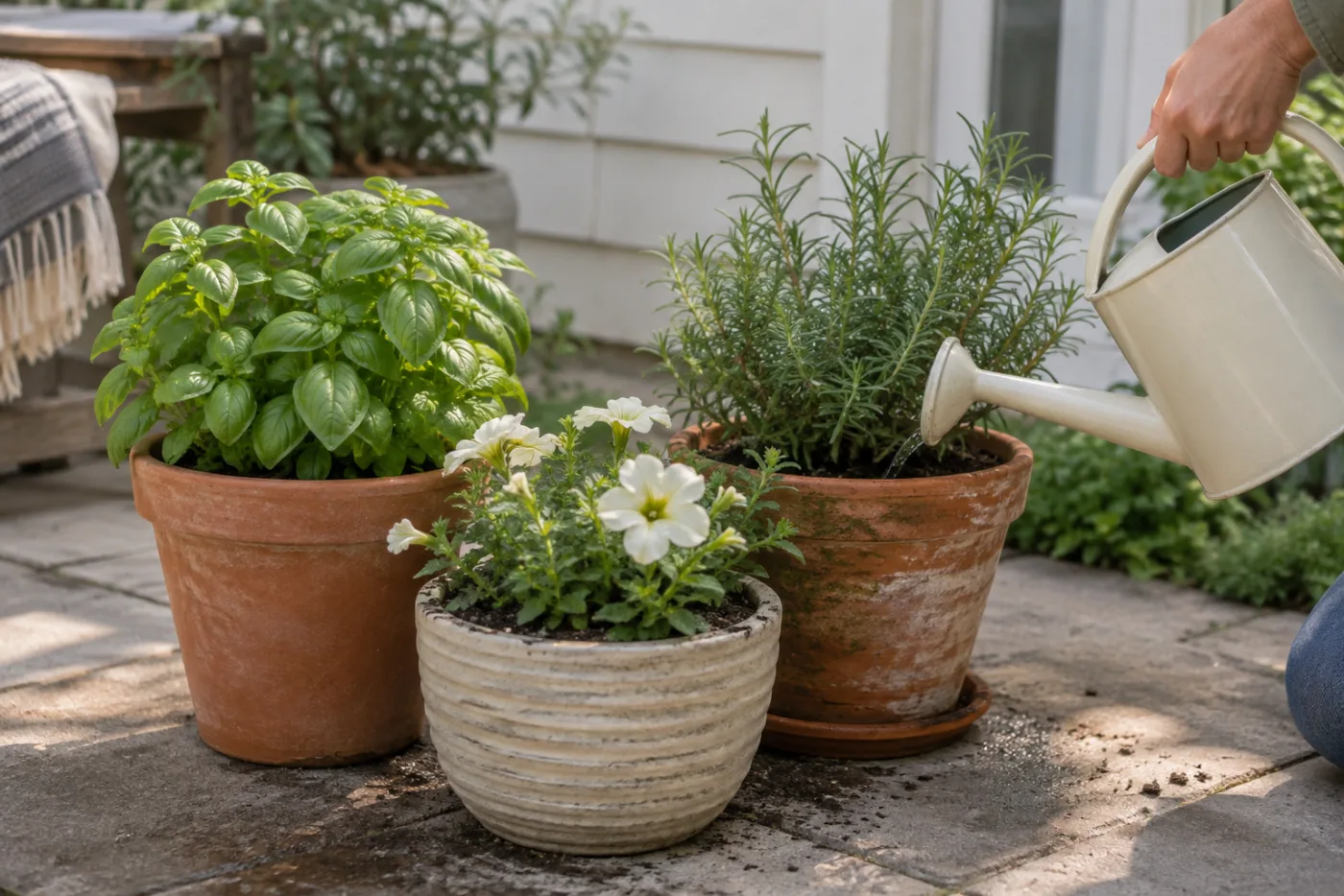 A ten-minute inspection catches dry soil, blocked drainage and tired flowers before they become a larger job.